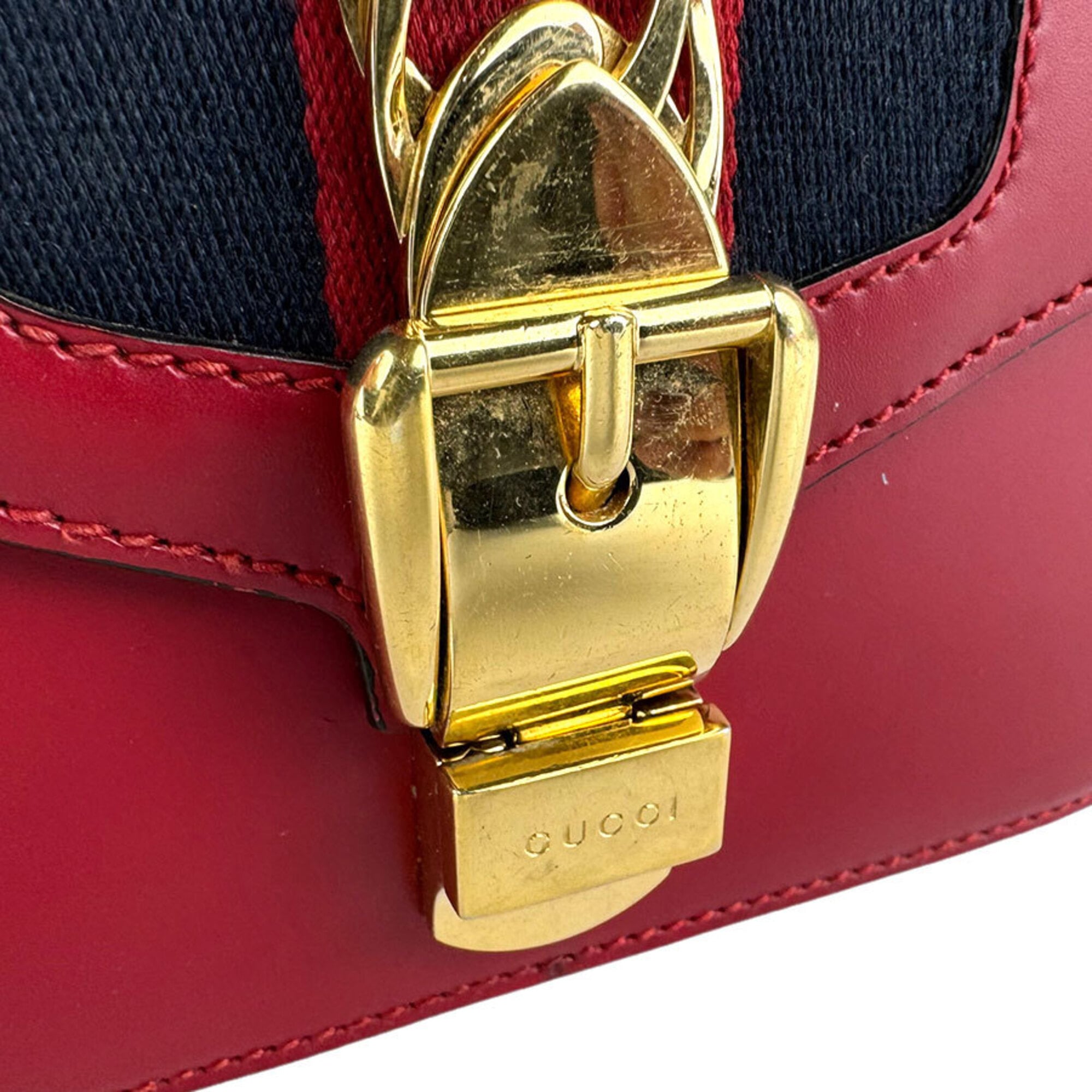 Gucci Navy Red Color Leather Shoulder Bag (Pre-Owned)