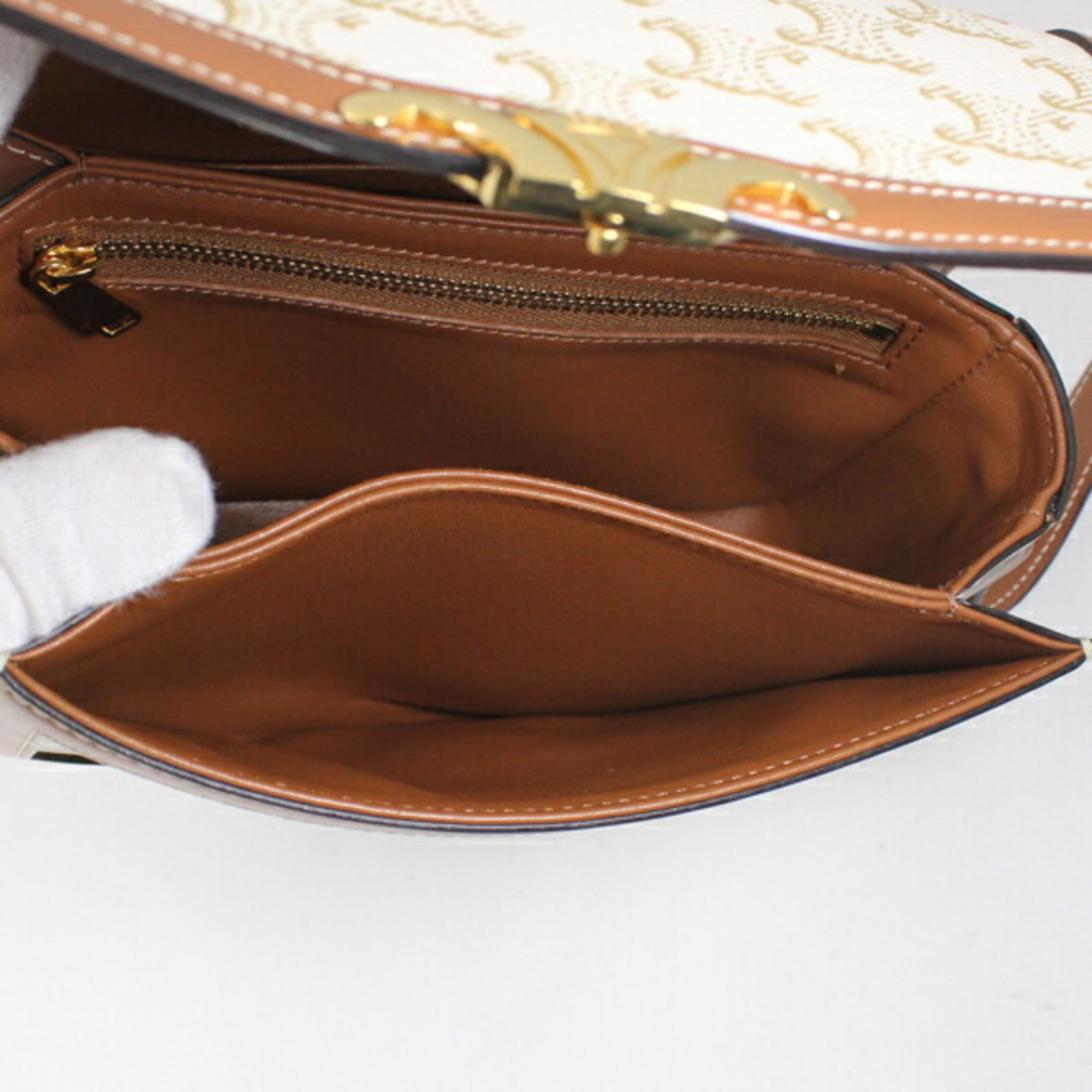 Celine Brown White Canvas Leather Shoulder Bag