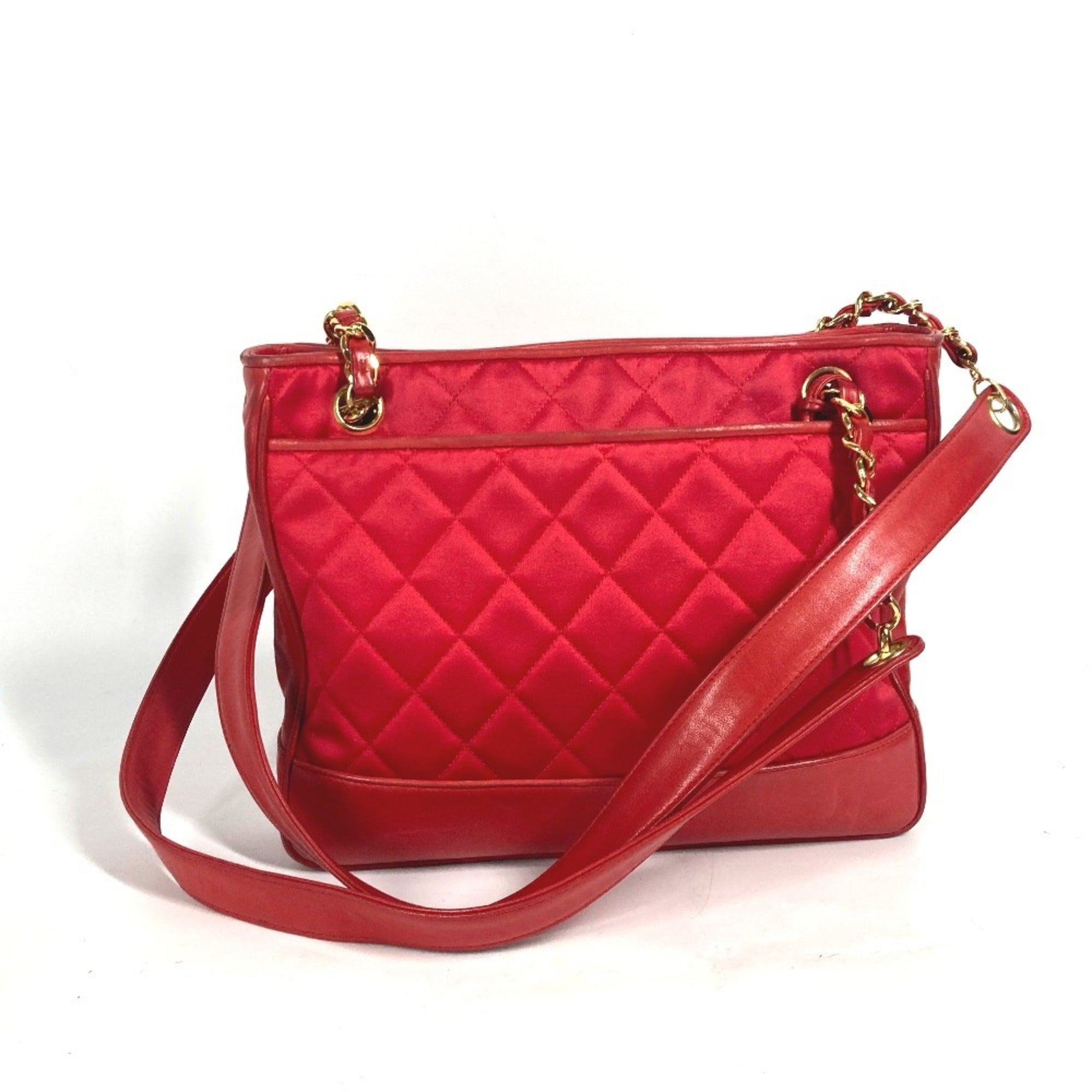 Chanel Red Color Satin Leather Shoulder Bag Tote Bag