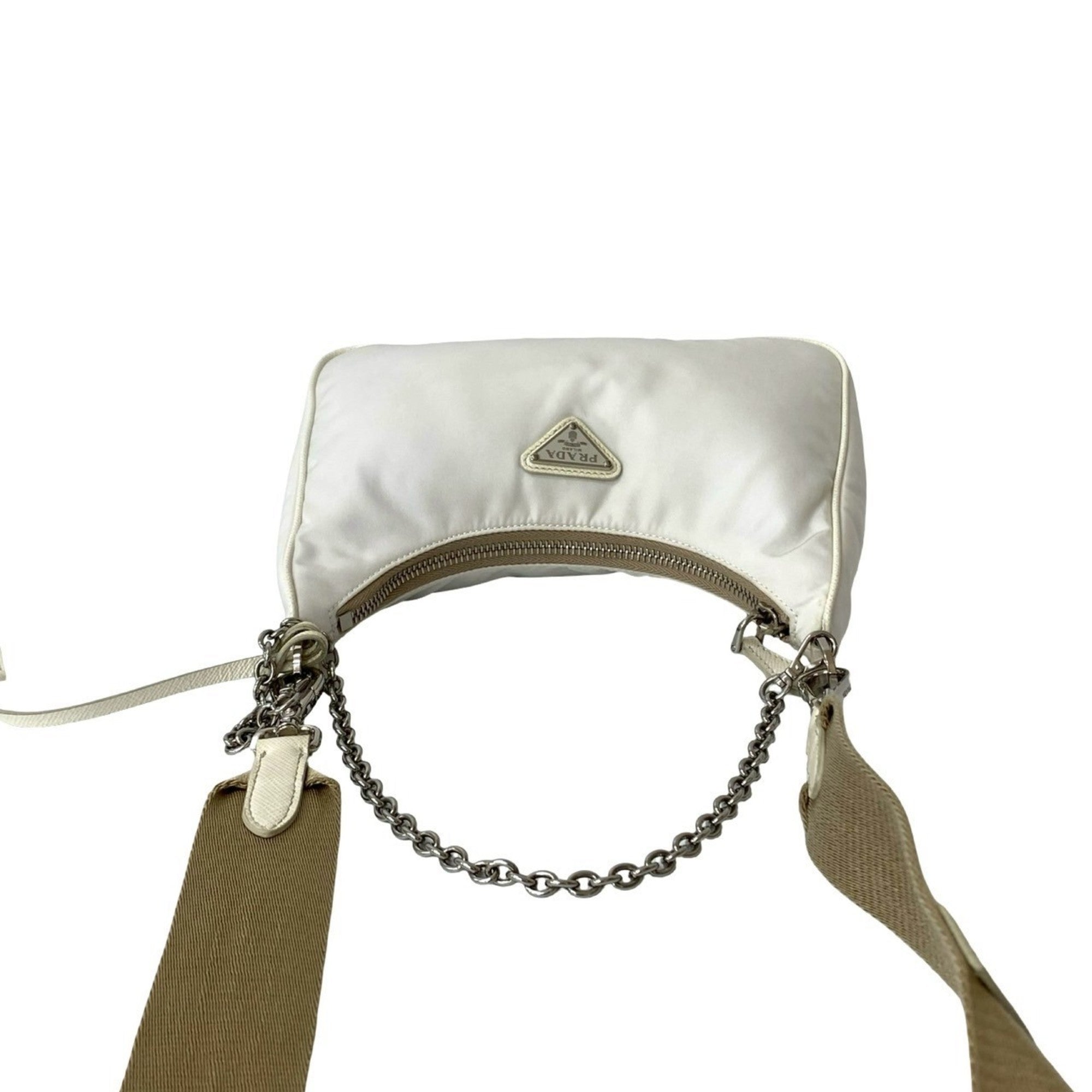 Prada White Nylon Leather Pochette Shoulder Bag