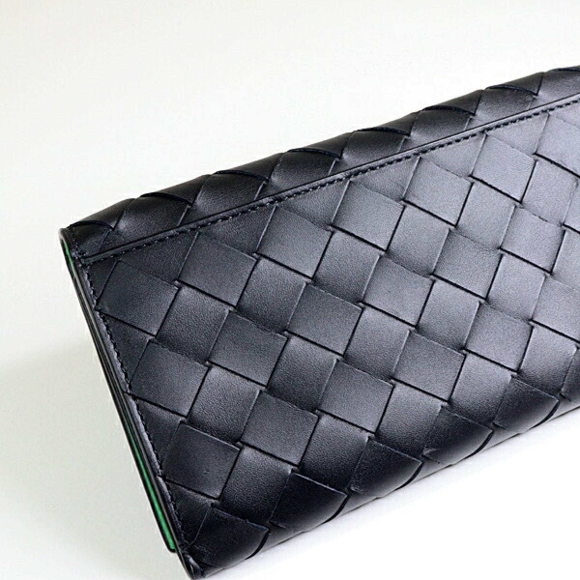Bottega Veneta Black Green Leather Long Wallet (Bi-Fold)