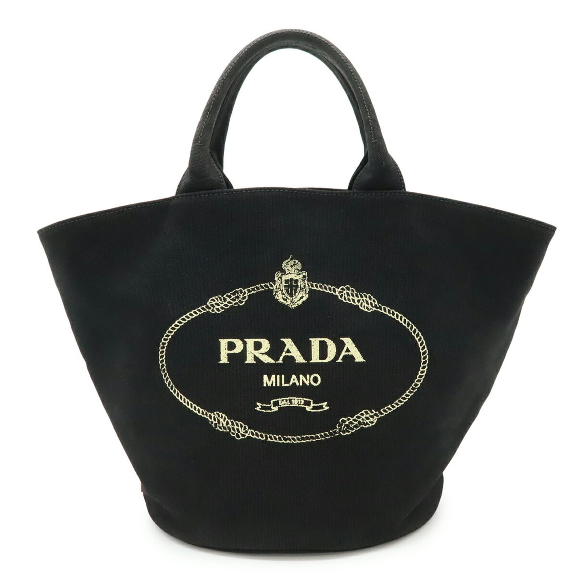 Prada Canapa Black Canvas Leather Handbag Tote Bag