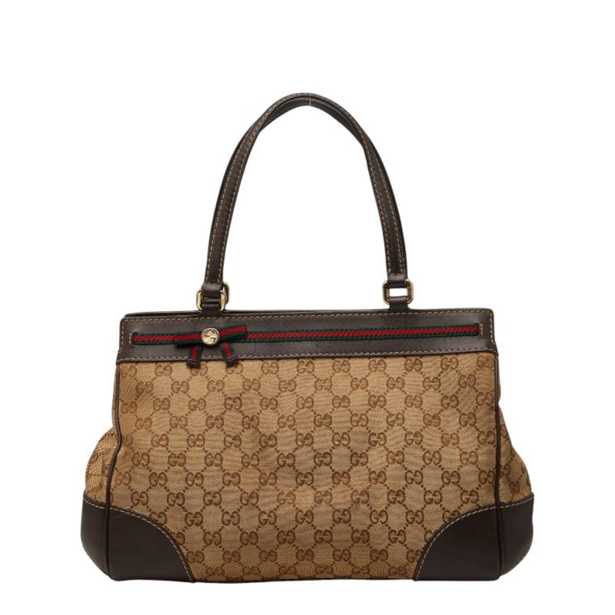 Gucci Beige Leather Canvas Handbag Tote Bag (Pre-Owned)