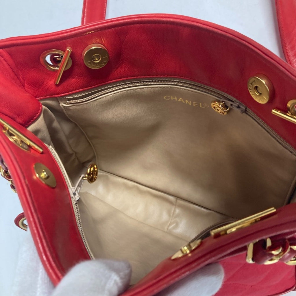 Chanel Red Color Satin Leather Shoulder Bag Tote Bag