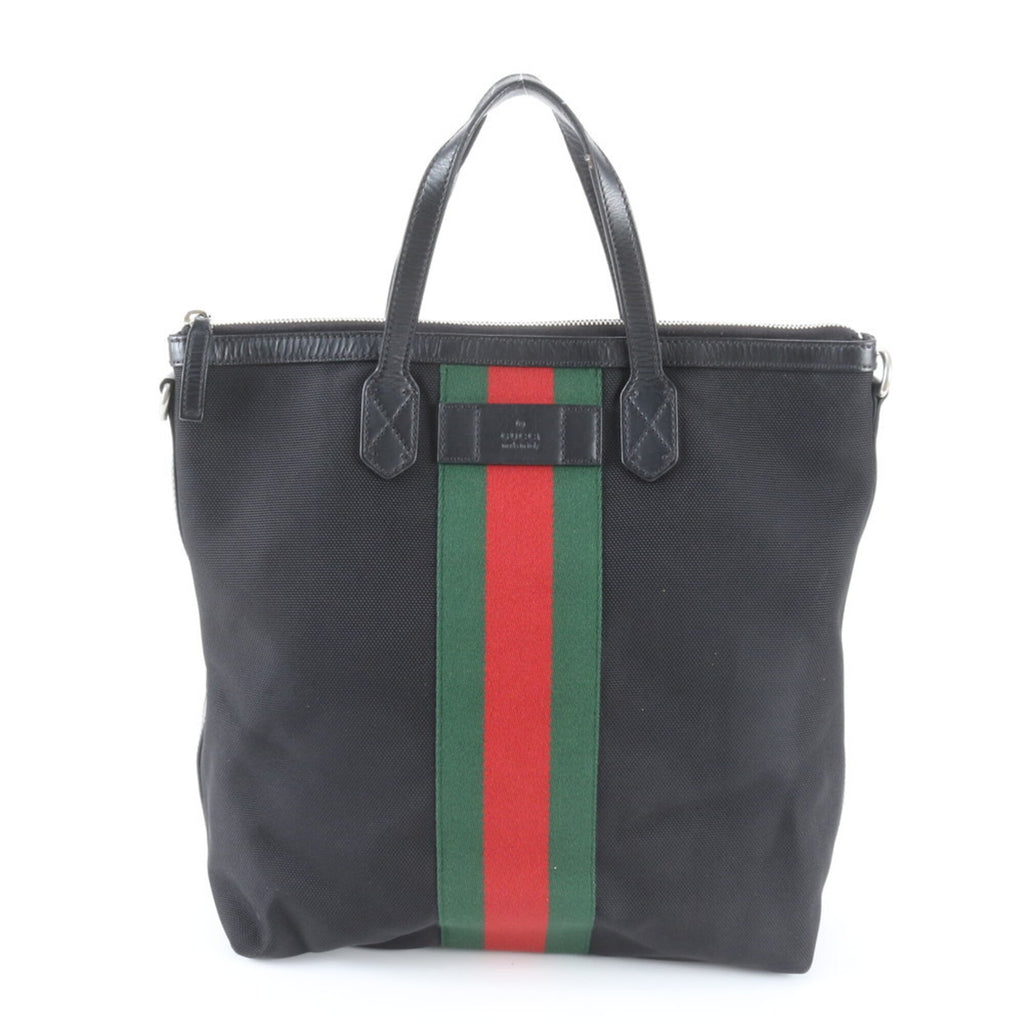 Gucci Sherry Line Black Leather Canvas Handbag (Pre-Owned)