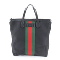 Gucci Sherry Line Black Leather Canvas Handbag (Pre-Owned)