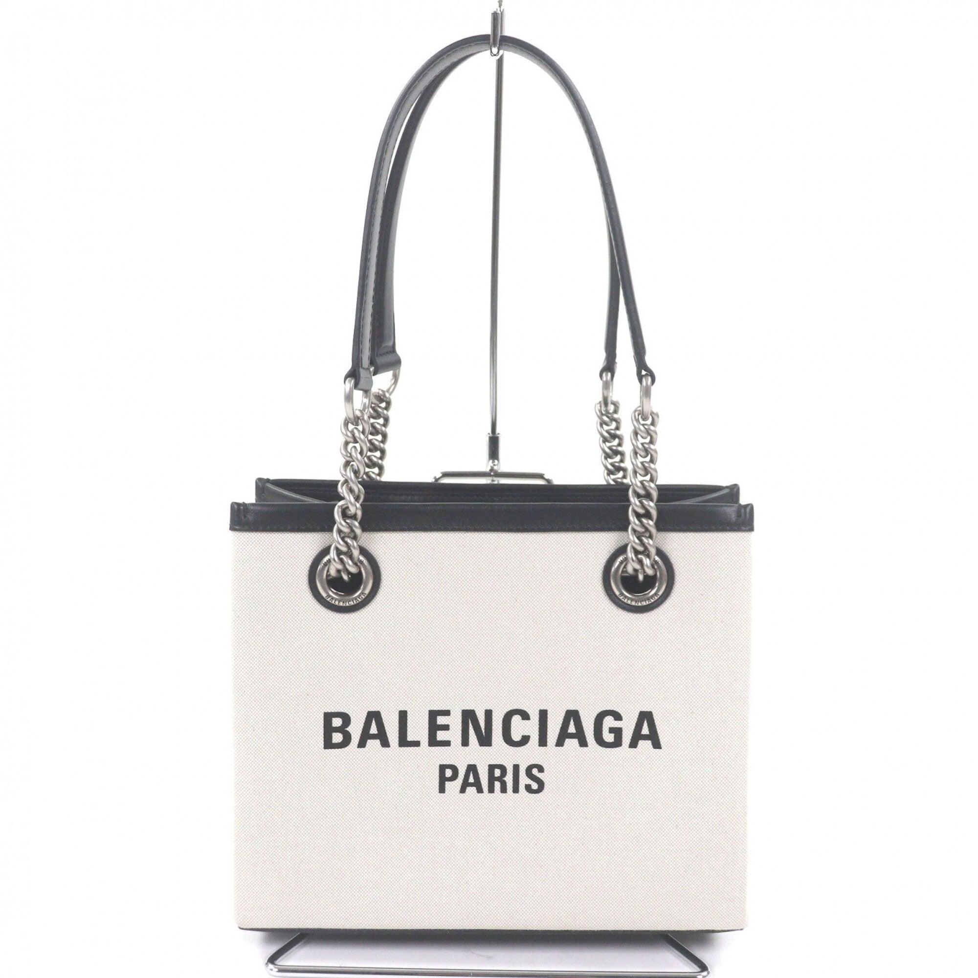 Balenciaga Black Light Beige Canvas Leather Handbag Tote
