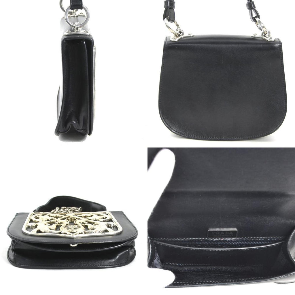Prada Black Leather Metal Shoulder Bag