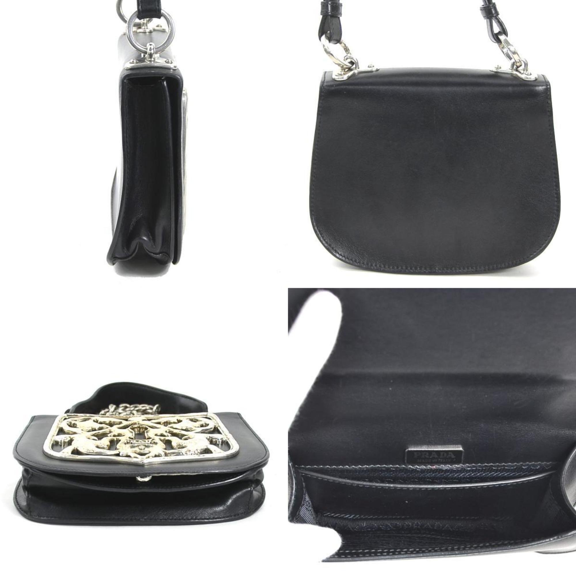 Prada Black Leather Metal Shoulder Bag