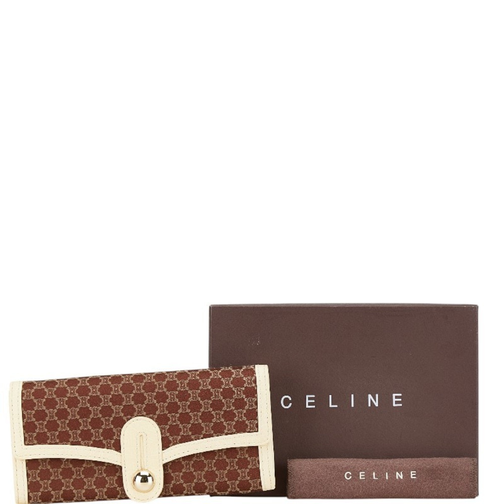 Celine Brown Ivory Canvas Leather Long Wallet (Bi-Fold)