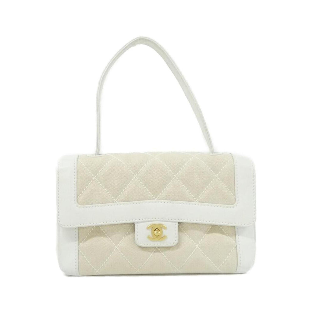 Chanel Beige White Canvas Leather Handbag