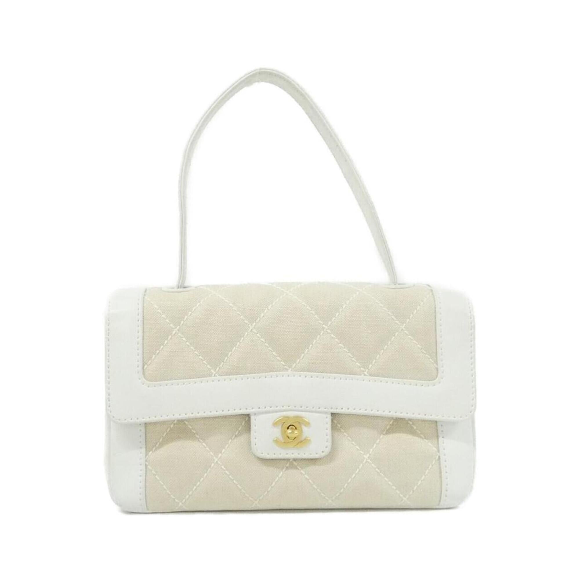 Chanel Beige White Canvas Leather Handbag
