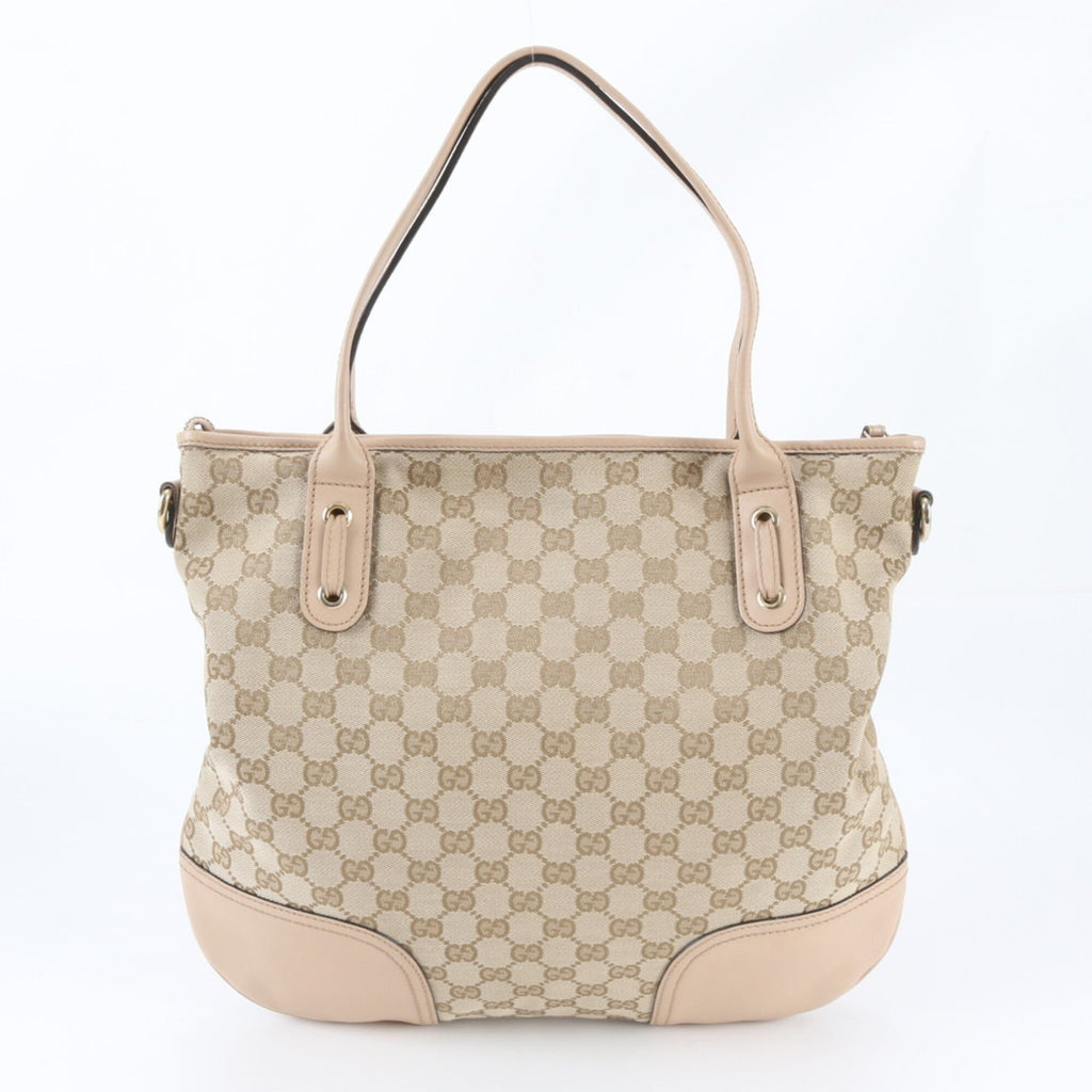 Gucci Beige Leather Canvas Shoulder Bag Tote Bag (Pre-Owned)