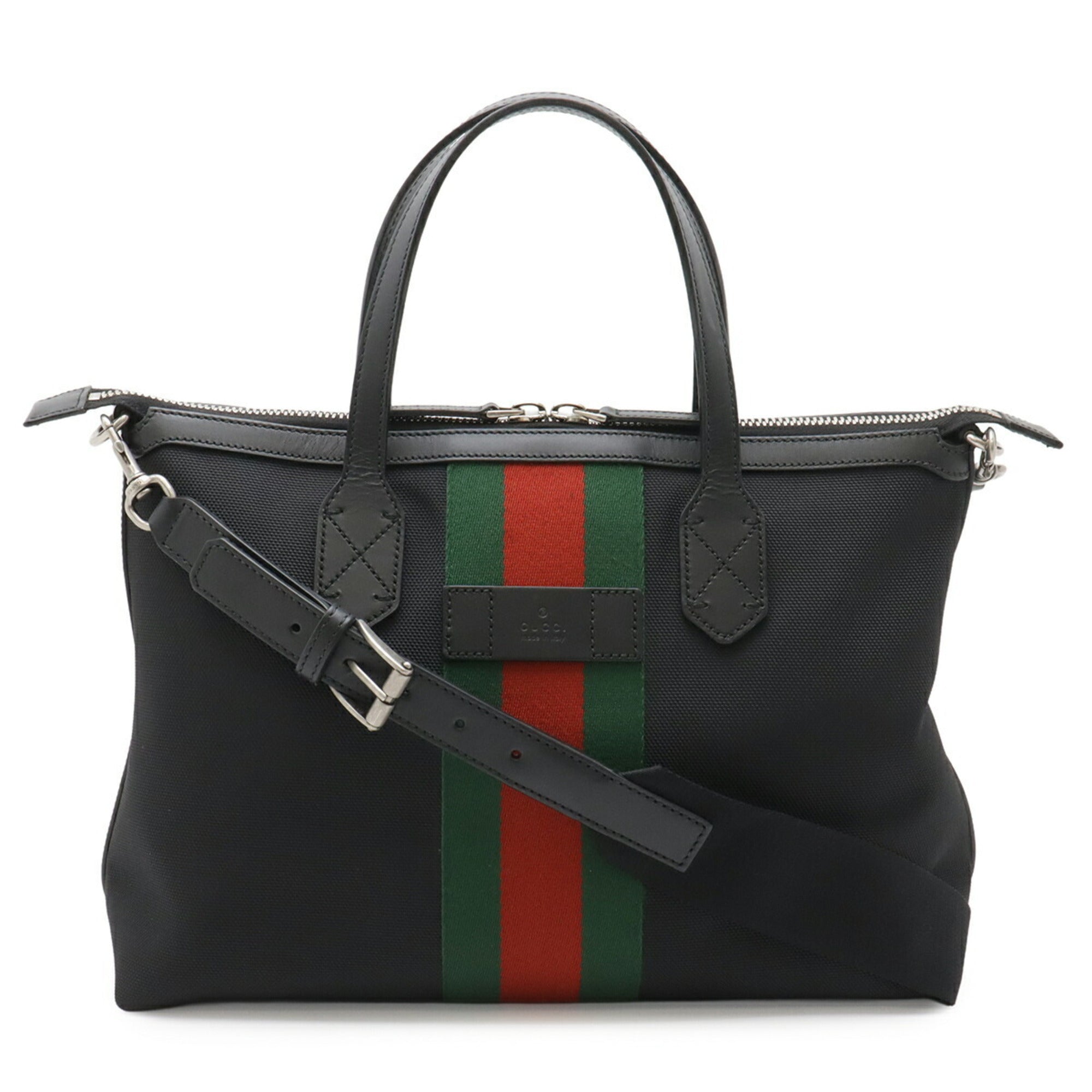 Gucci Black Green Red Color Nylon Canvas Leather Shoulder Bag Tote Bag (Pre-Owned)