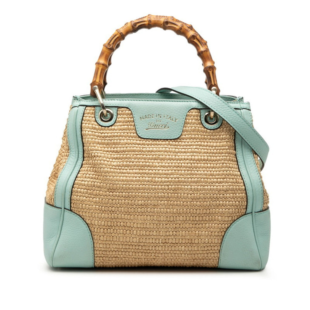 Gucci Beige Green Straw Leather Handbag Shoulder Bag (Pre-Owned)