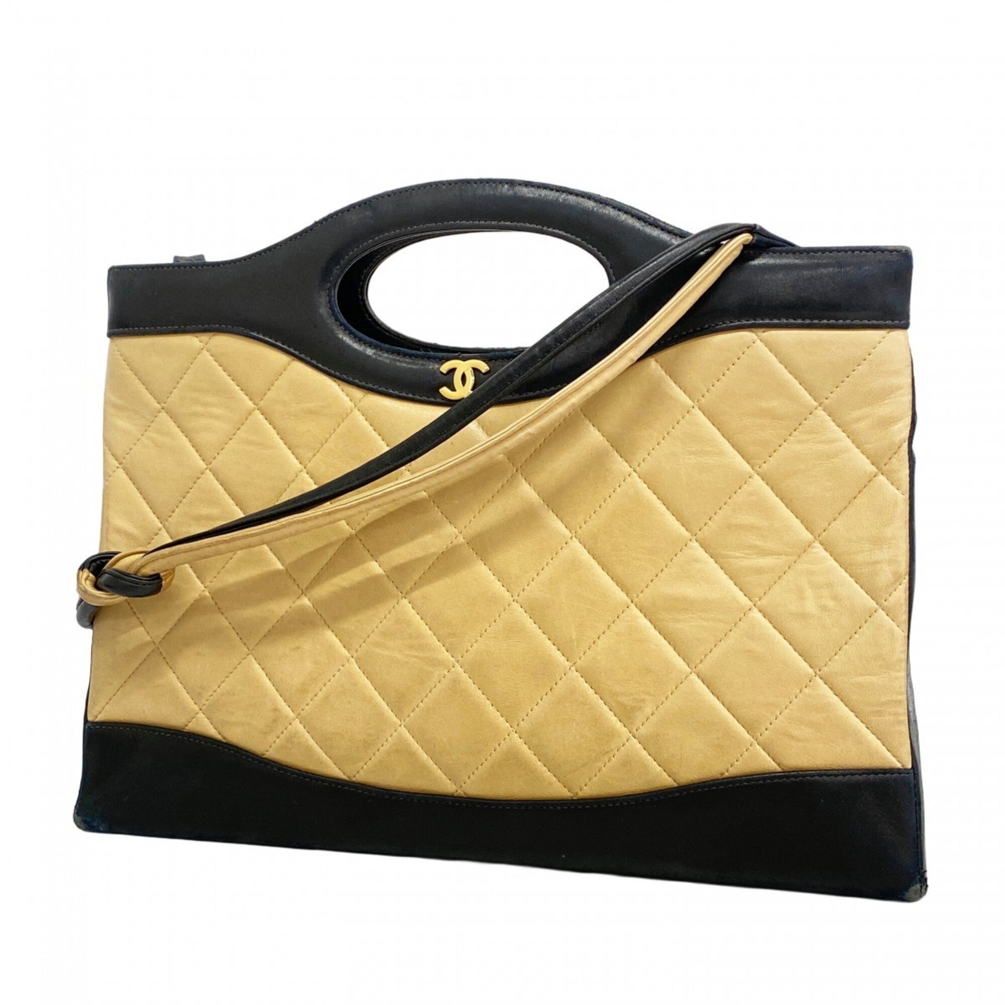 Chanel Beige Black Leather Handbag