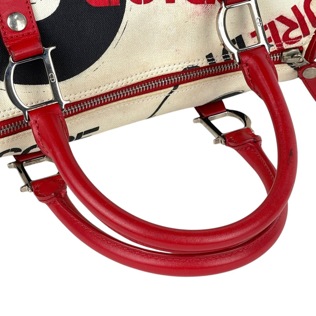 Christian Dior Blue Red Color White Canvas Leather Handbag (Pre-Owned)