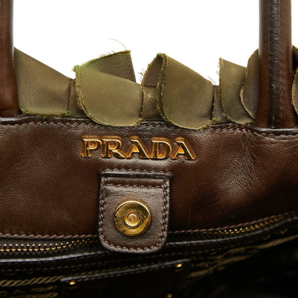 Prada Brown Khaki Nylon Leather Handbag Tote Bag