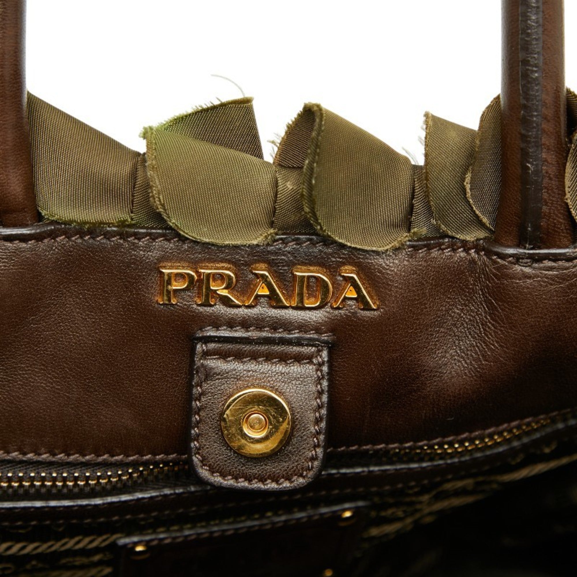 Prada Brown Khaki Nylon Leather Handbag Tote Bag