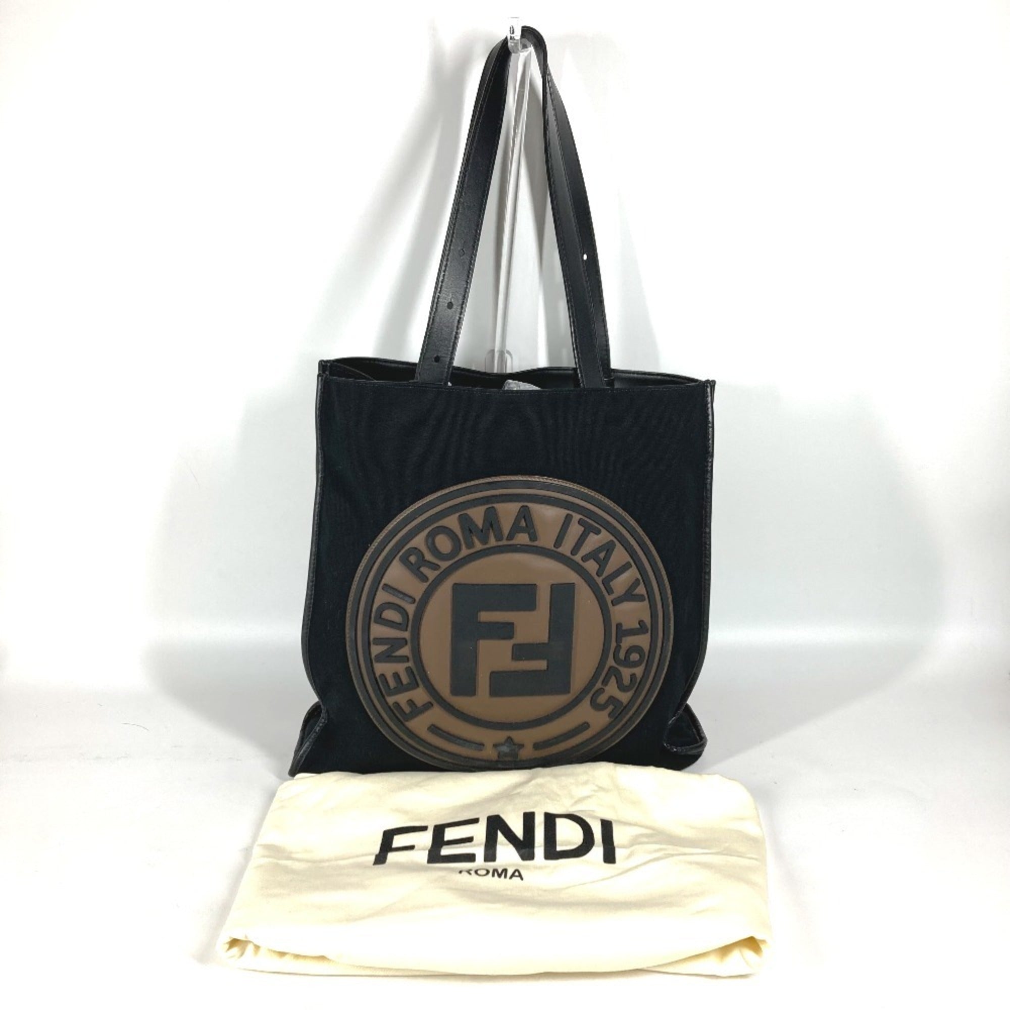 Fendi Black Brown Canvas Leather Shoulder Bag Tote Bag