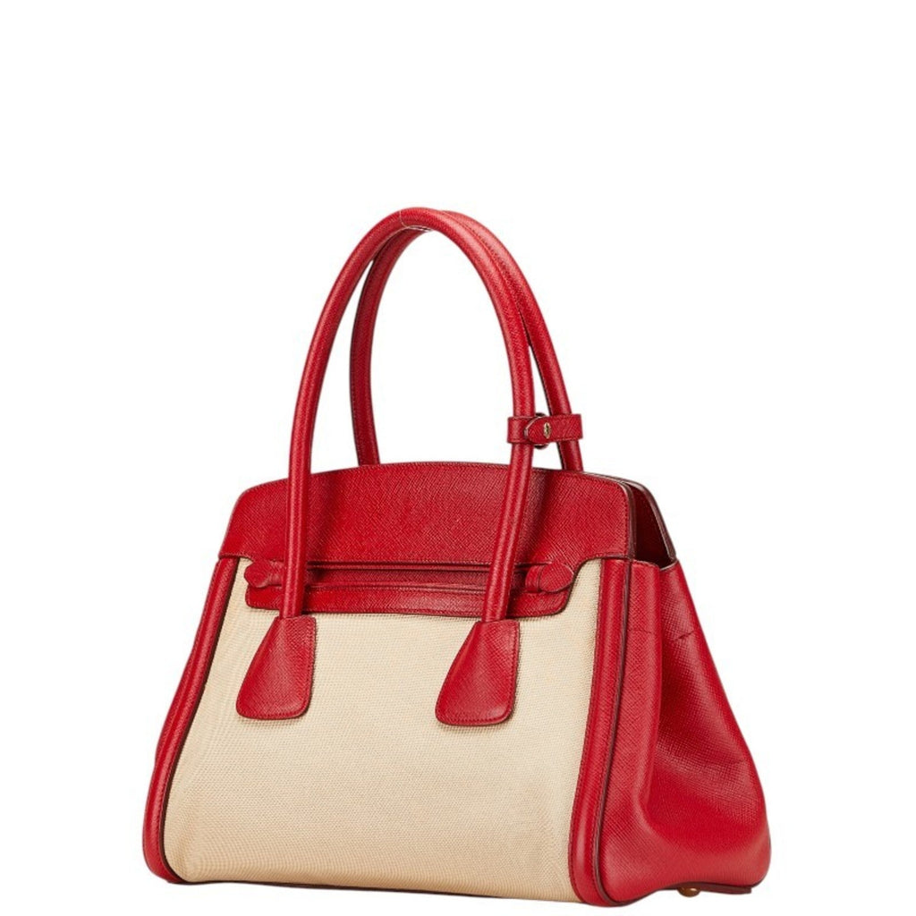 Prada Beige Red Color Canvas Leather Handbag Shoulder Bag