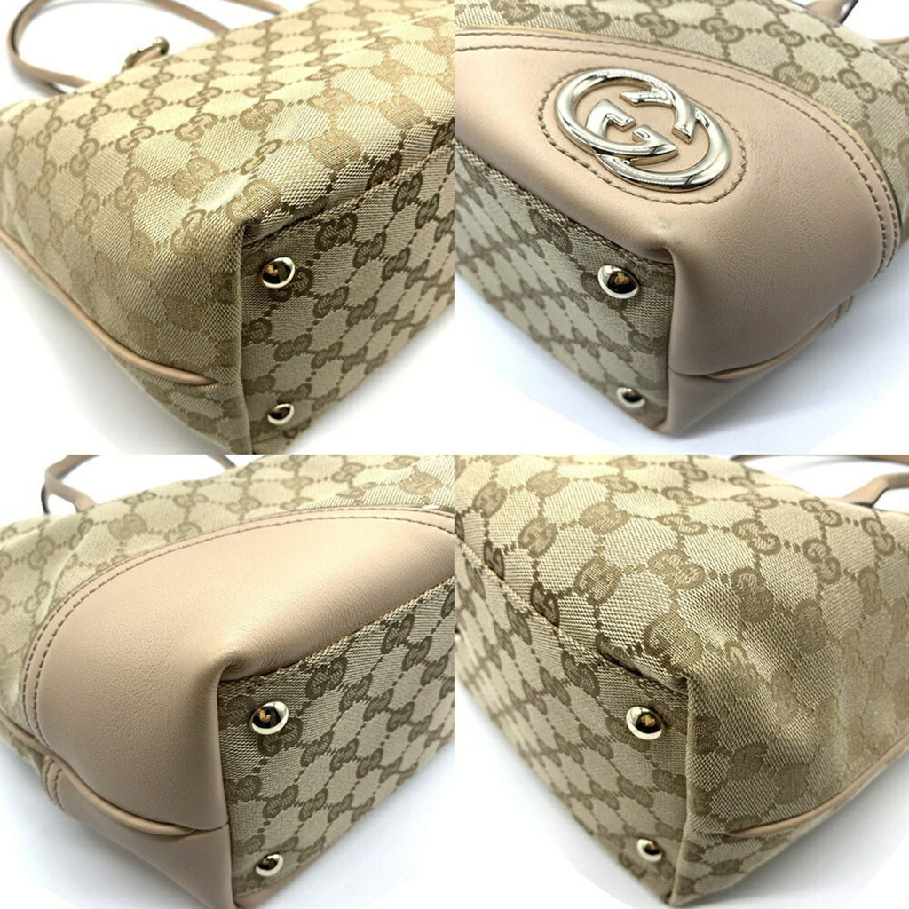 Gucci Gg Canvas Beige Khaki Pink Beige Gg Canvas Leather Tote Bag (Pre-Owned)