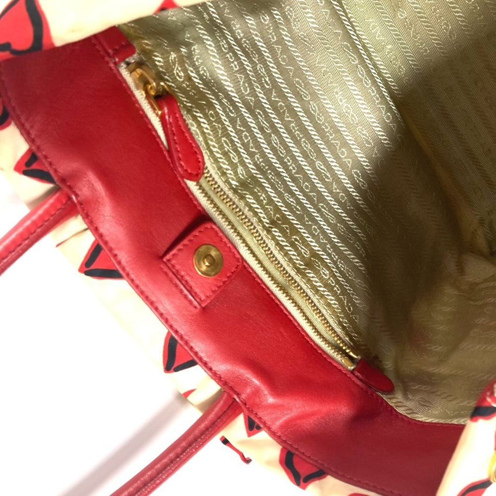 Prada Red Color White Leather Nylon Handbag Tote Bag