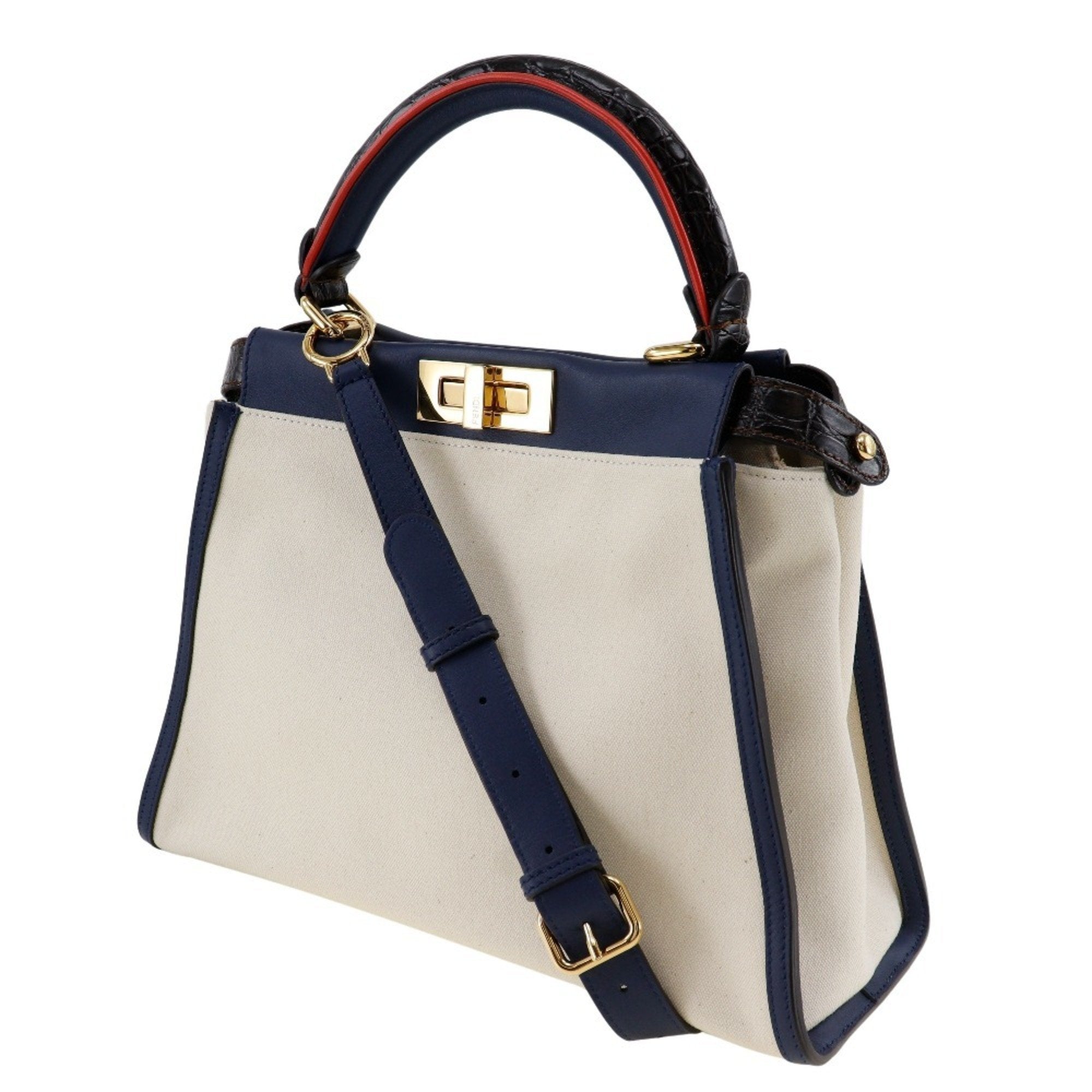 Fendi Navy White Canvas Leather Handbag