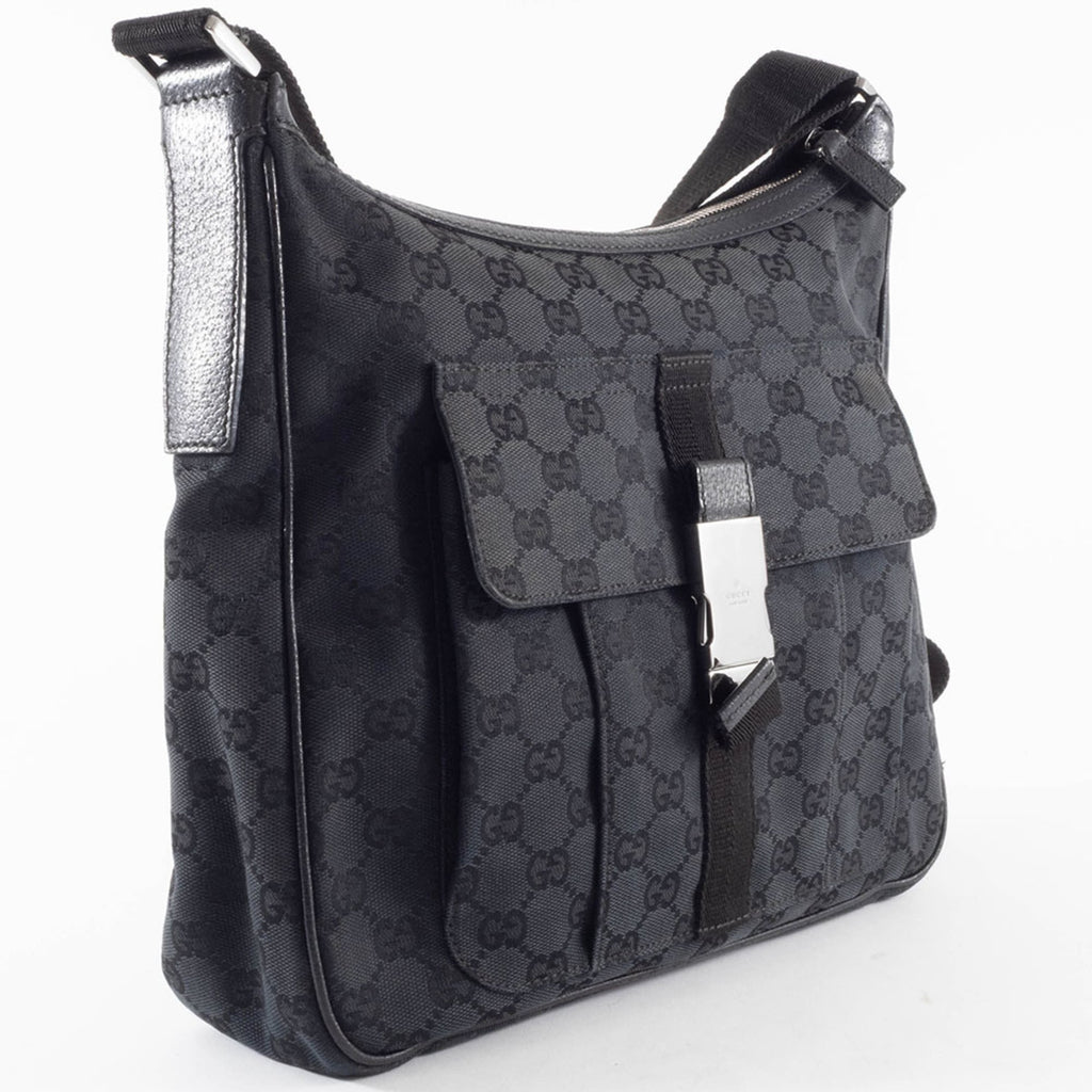 Gucci Black Gg Canvas Leather Shoulder Bag (Pre-Owned)