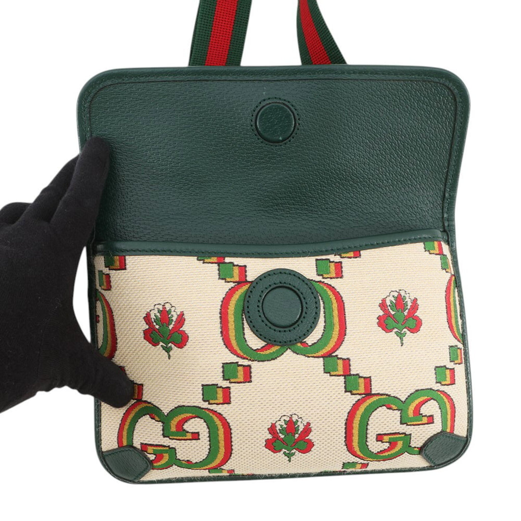 Gucci Beige Green Canvas Handbag Sling Bag (Pre-Owned)