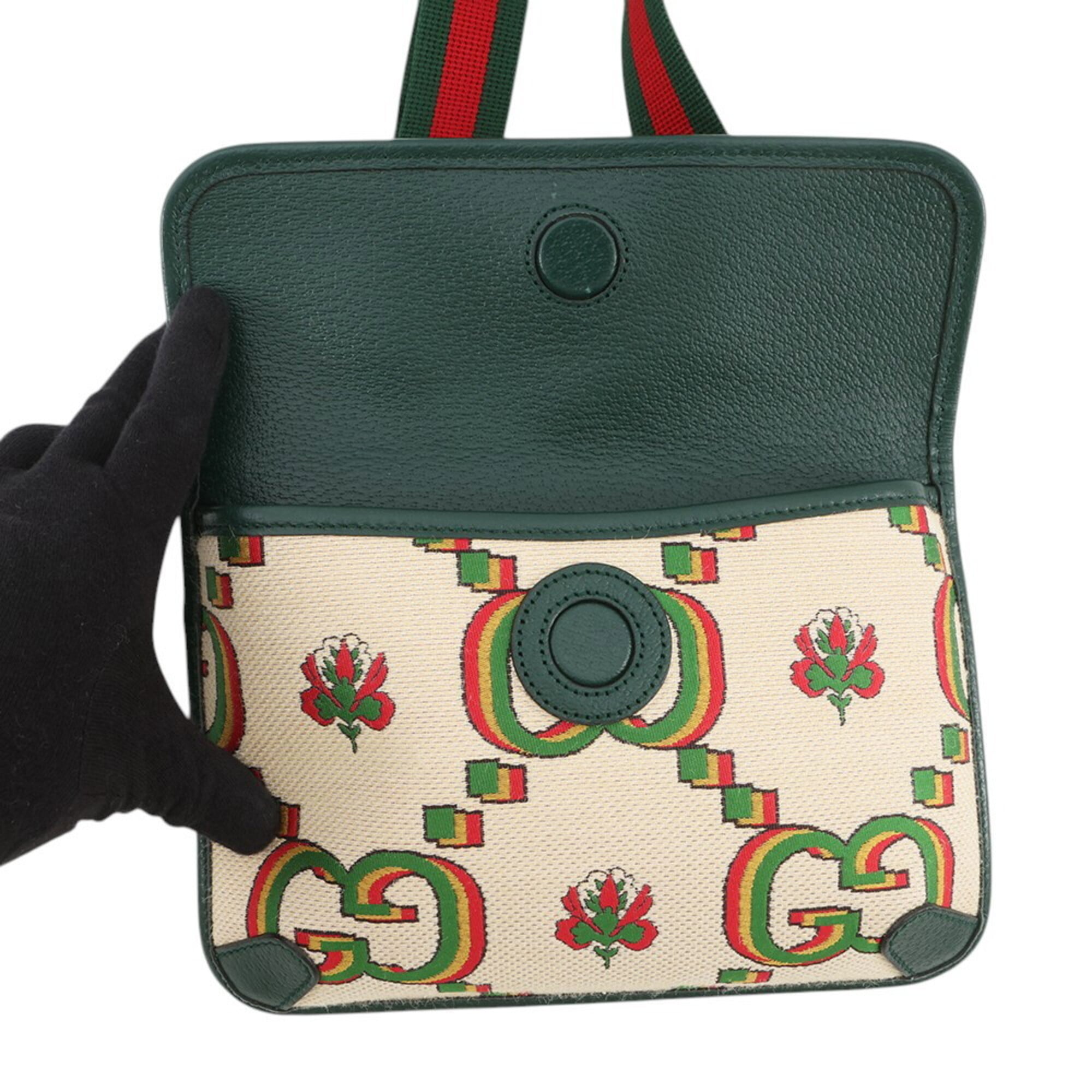 Gucci Beige Green Canvas Handbag Sling Bag (Pre-Owned)