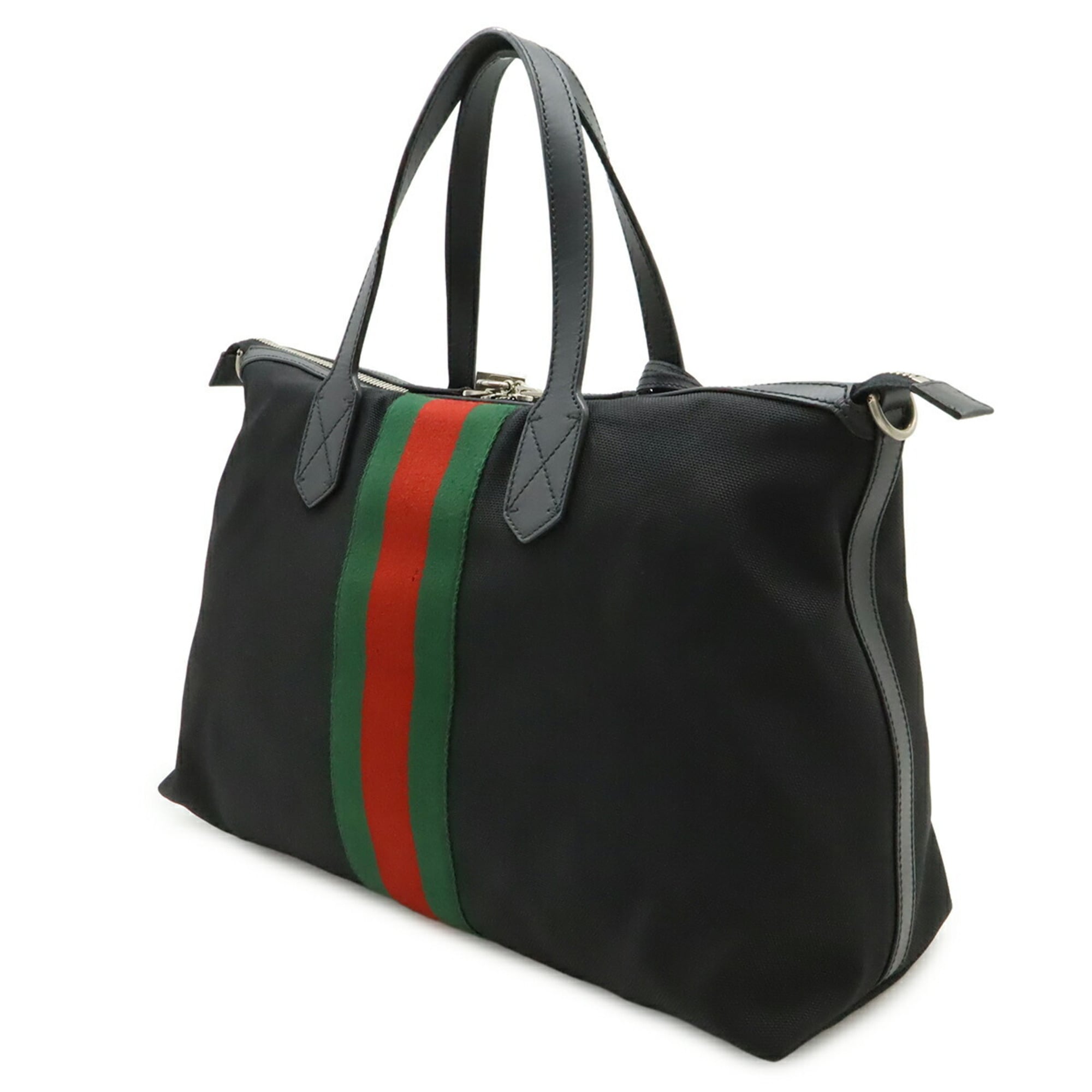 Gucci Black Green Red Color Nylon Canvas Leather Shoulder Bag Tote Bag (Pre-Owned)