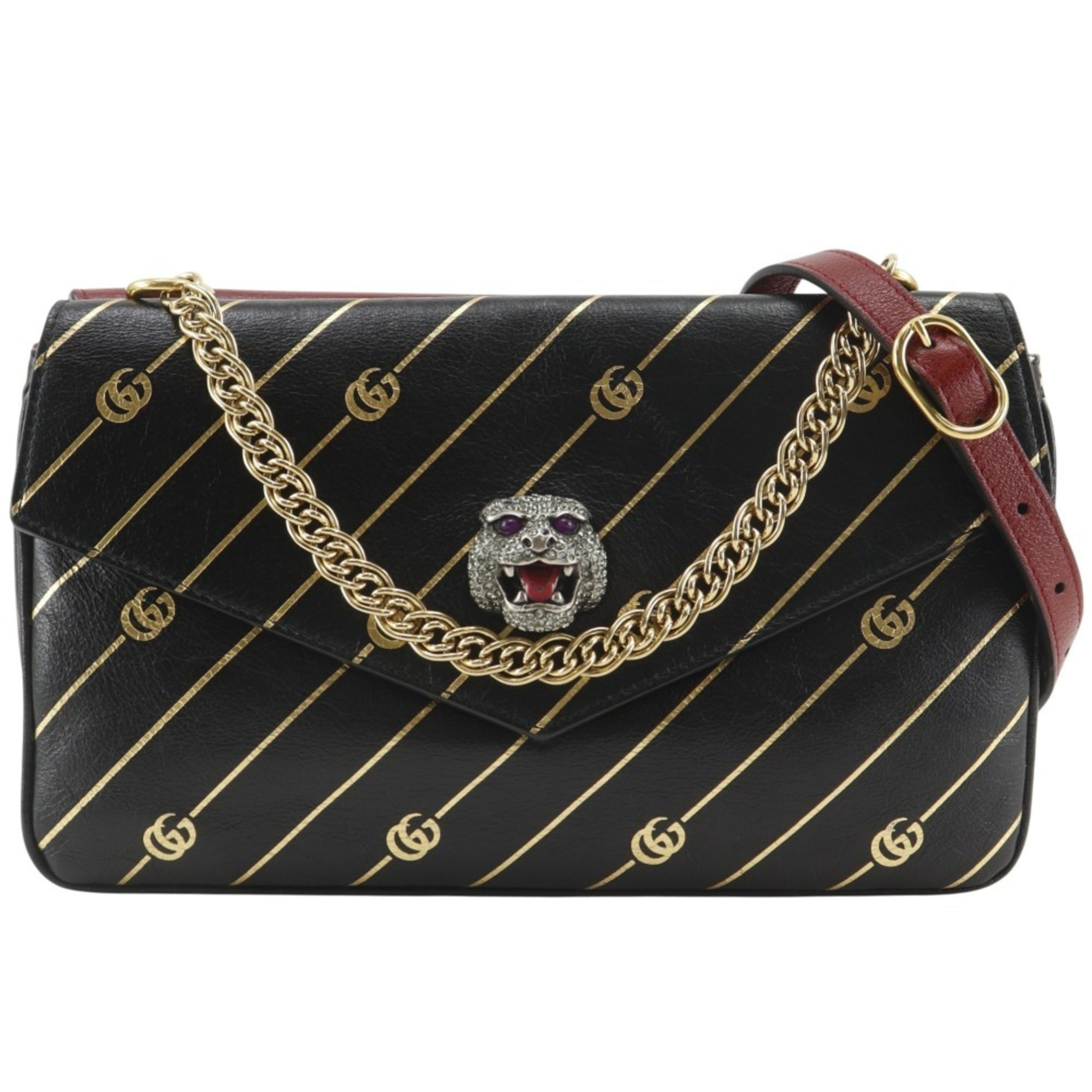 Gucci Black Red Color Leather Shoulder Bag (Pre-Owned)