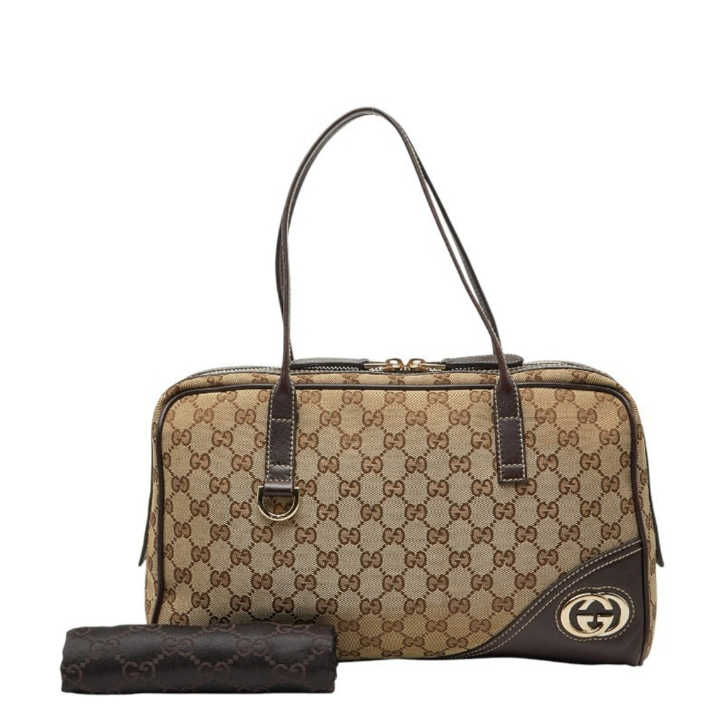 Gucci Beige Brown Gg Canvas Leather Handbag (Pre-Owned)