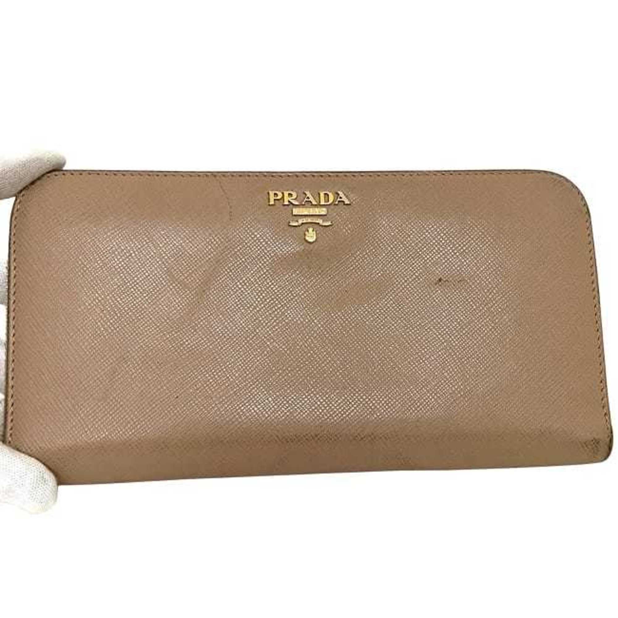 Prada Pink Beige Saffiano Metal Long Wallet (Bi-Fold)