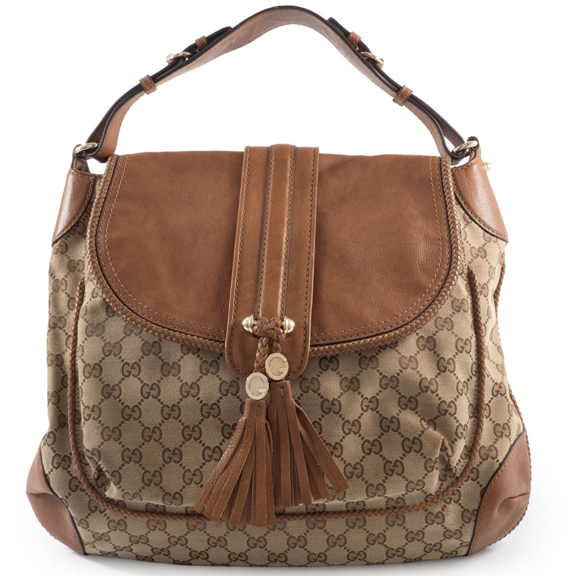 Gucci Gg Canvas Beige Brown Gg Canvas Leather Shoulder Bag (Pre-Owned)