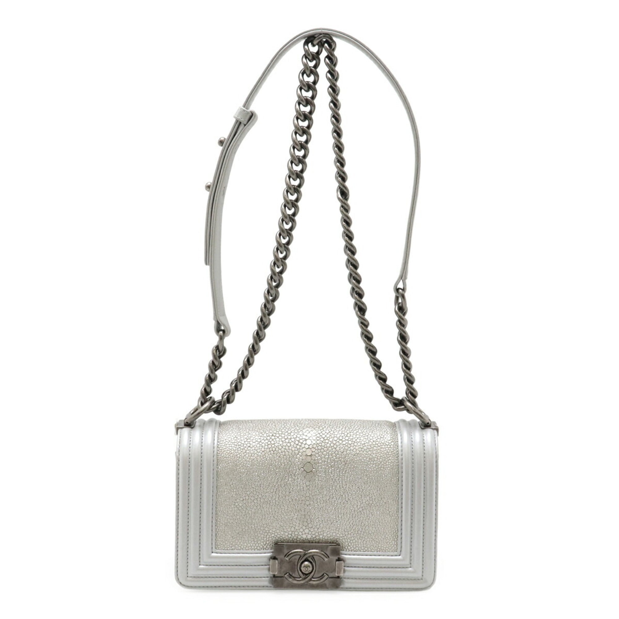 Chanel Boy Chanel Metallic Silver Leather Pochette Shoulder Bag