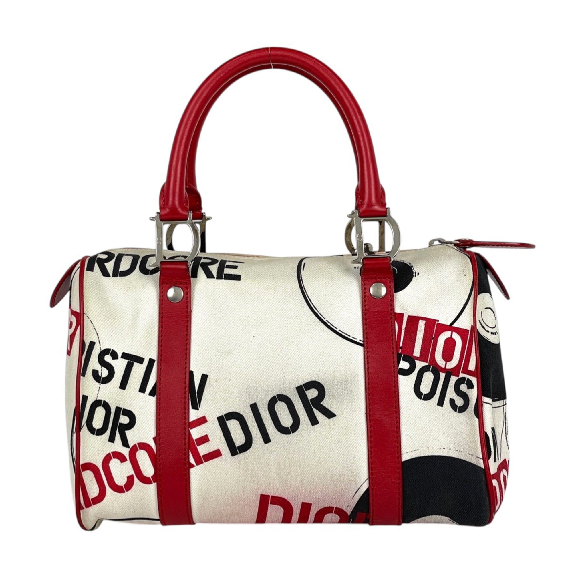 Christian Dior Blue Red Color White Canvas Leather Handbag (Pre-Owned)