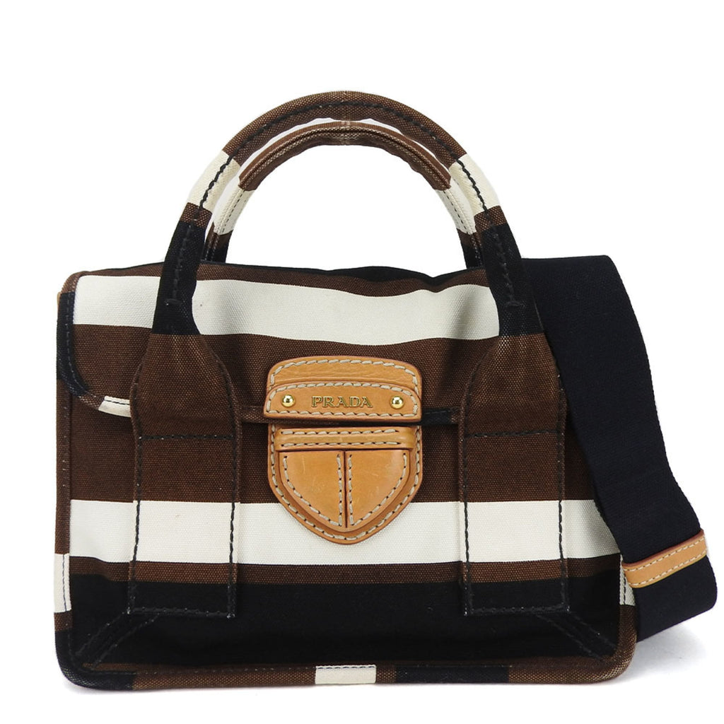 Prada Black Brown White Canvas Handbag