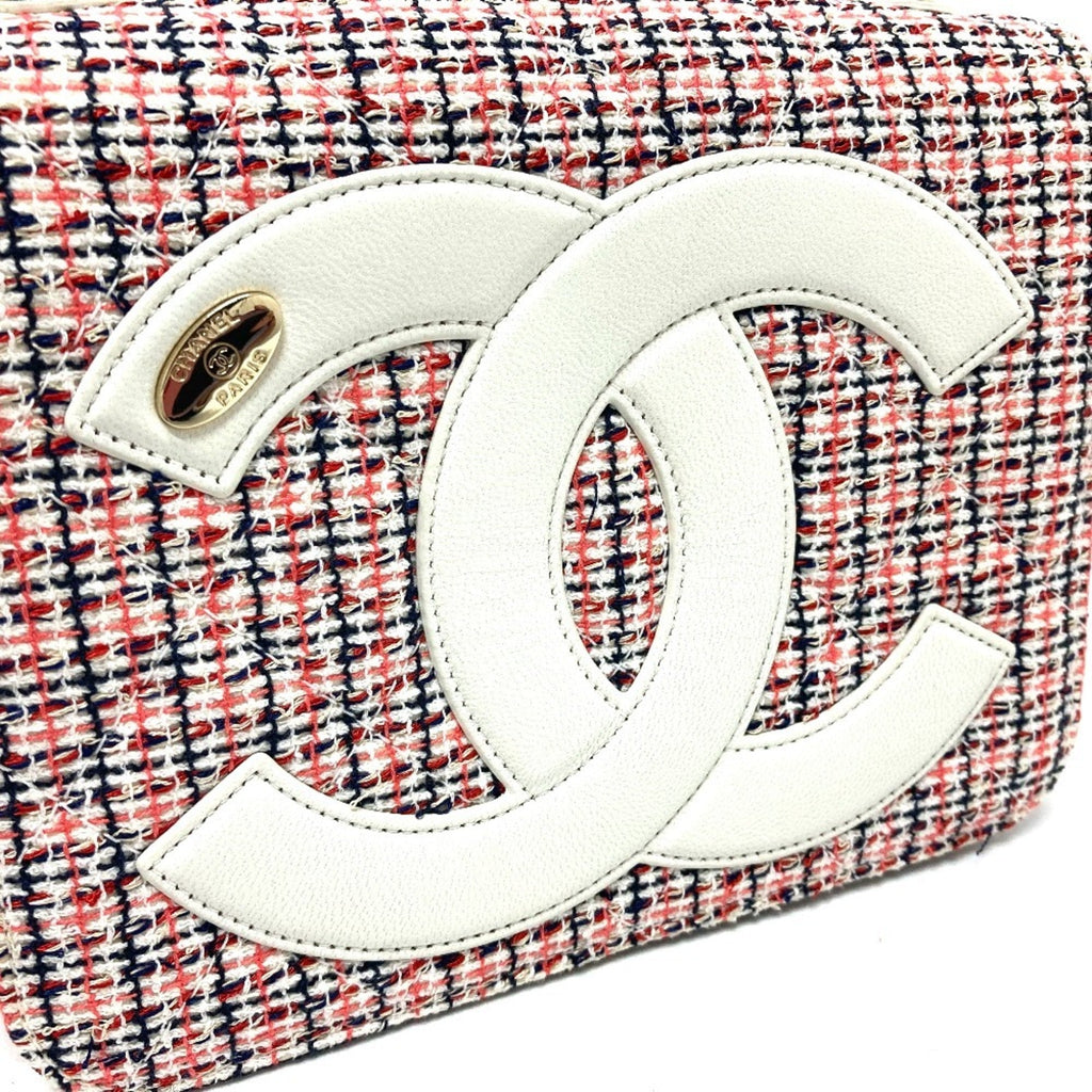 Chanel Red Color White Tweed Leather Pochette Shoulder Bag