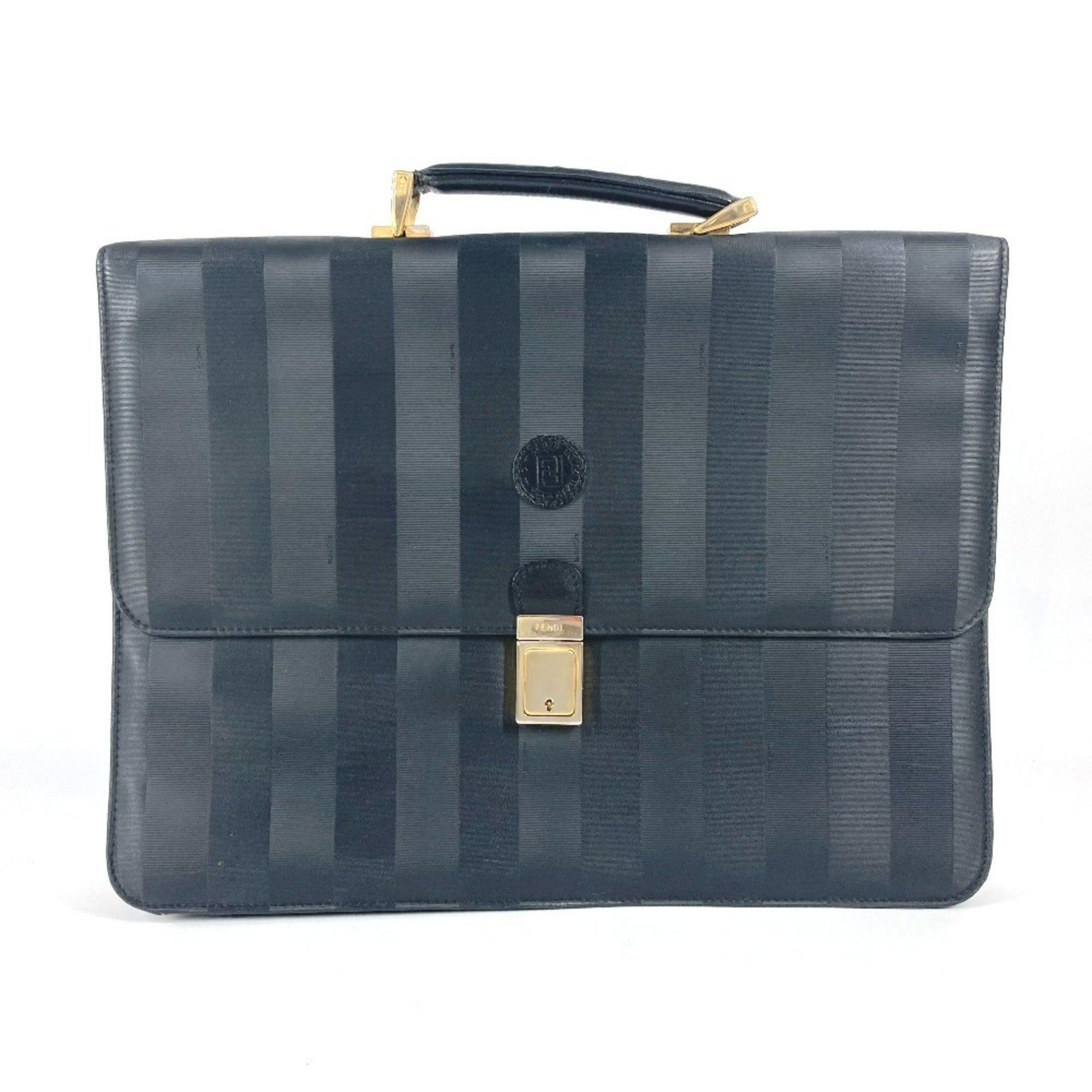 Fendi Pequin Black Pvc Leather Briefcase Handbag Tote Bag