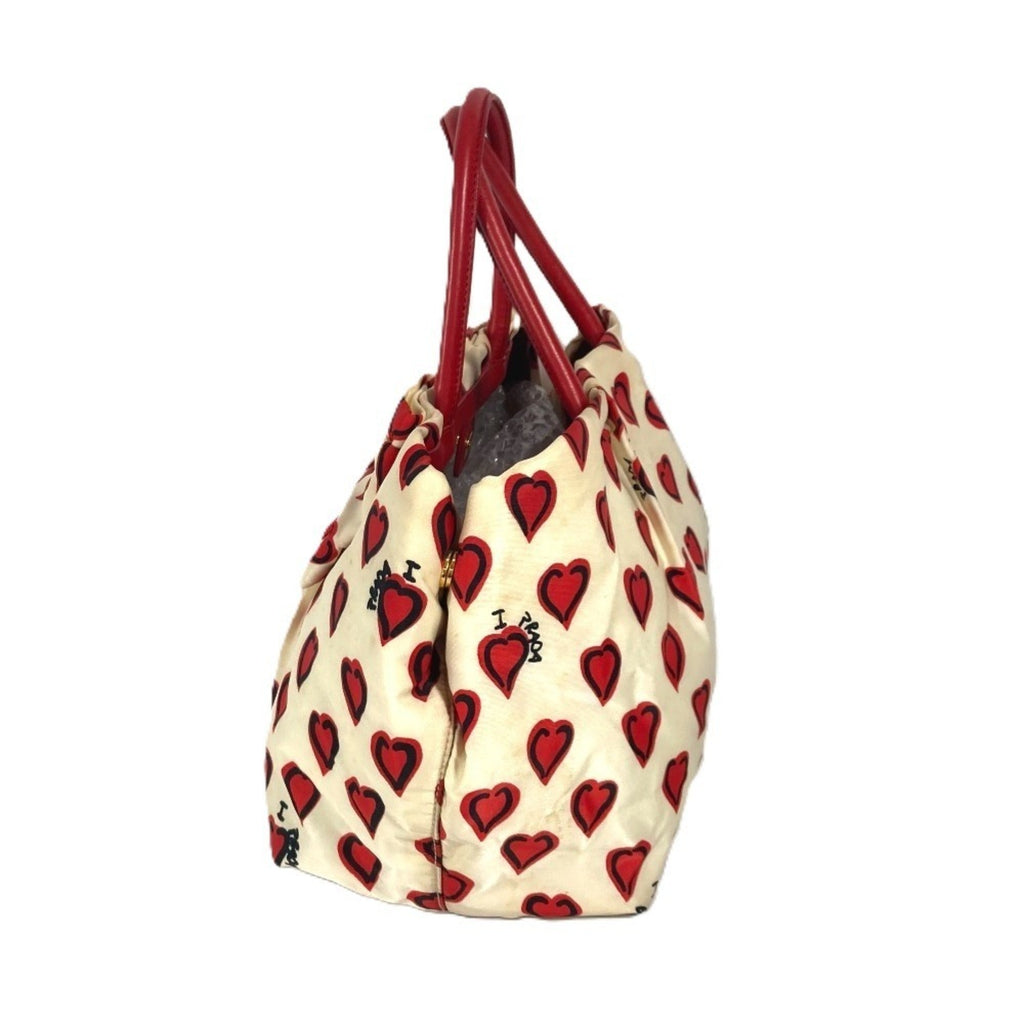 Prada Red Color White Leather Nylon Handbag Tote Bag