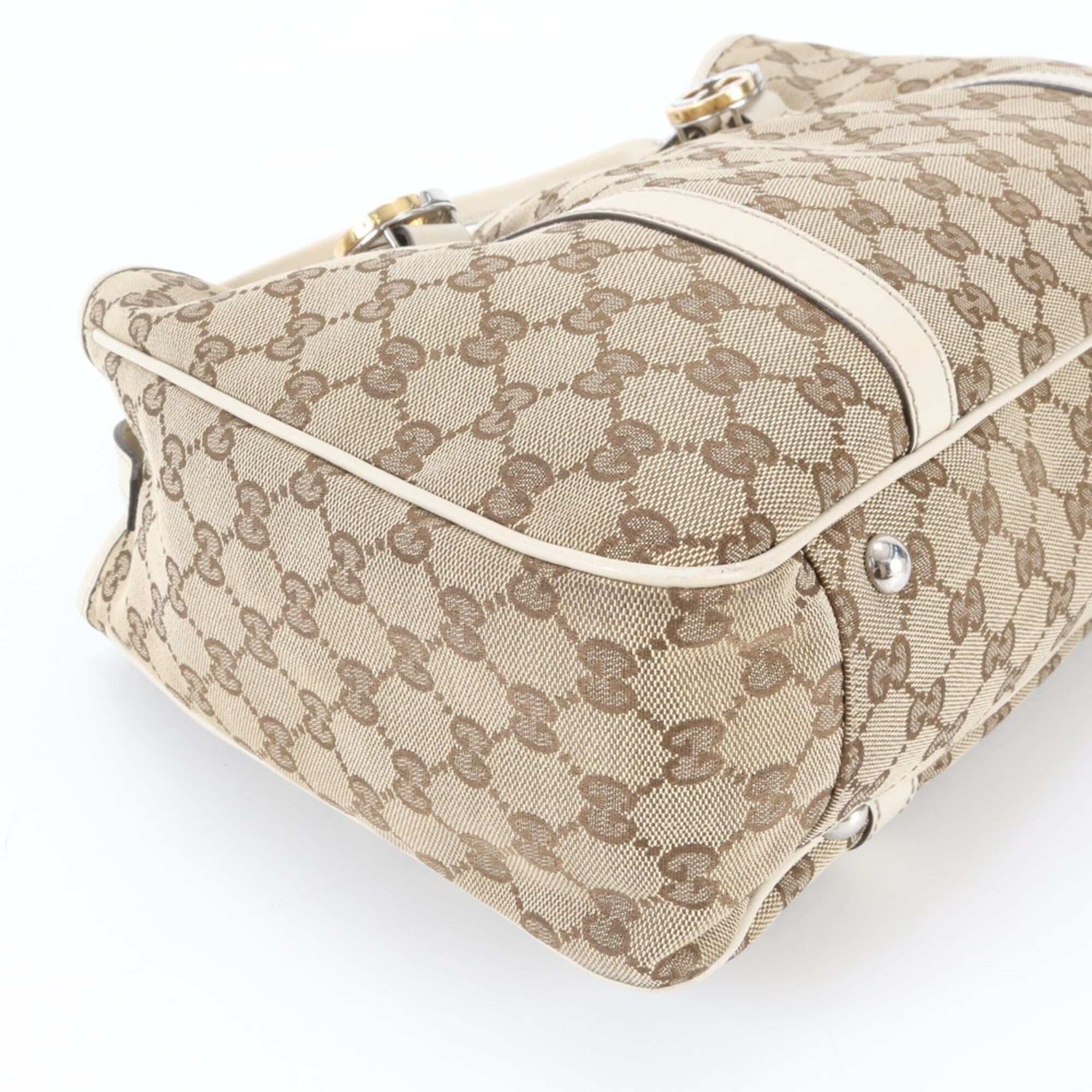 Gucci Beige White Leather Canvas Handbag Shoulder Bag Tote Bag (Pre-Owned)