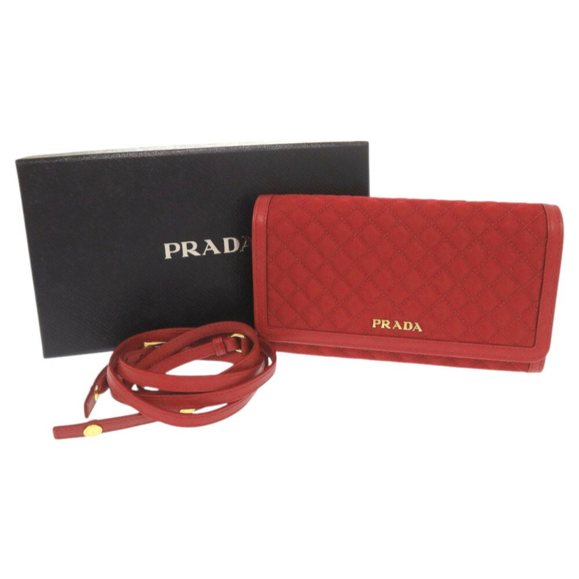 Prada Red Color Nylon Leather Chain/Shoulder Wallet