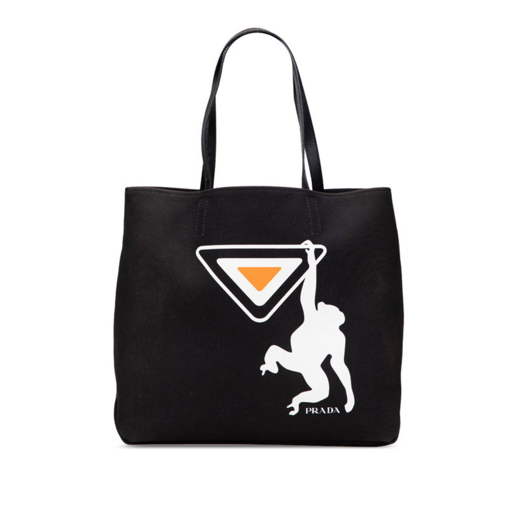 Prada Black Orange White Canvas Leather Tote Bag