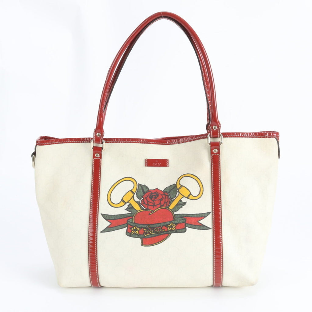 Gucci Off-White Red Color Coated Canvas Leather Handbag Tote Bag (Pre-Owned)