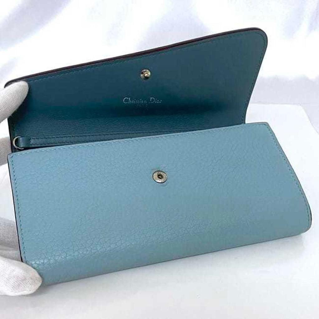 Christian Dior Light Blue Leather Long Wallet (Bi-Fold) (Pre-Owned)