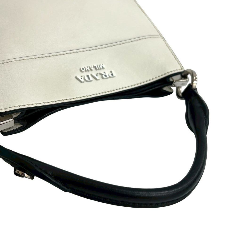 Prada Black White Leather Handbag Shoulder Bag Tote Bag