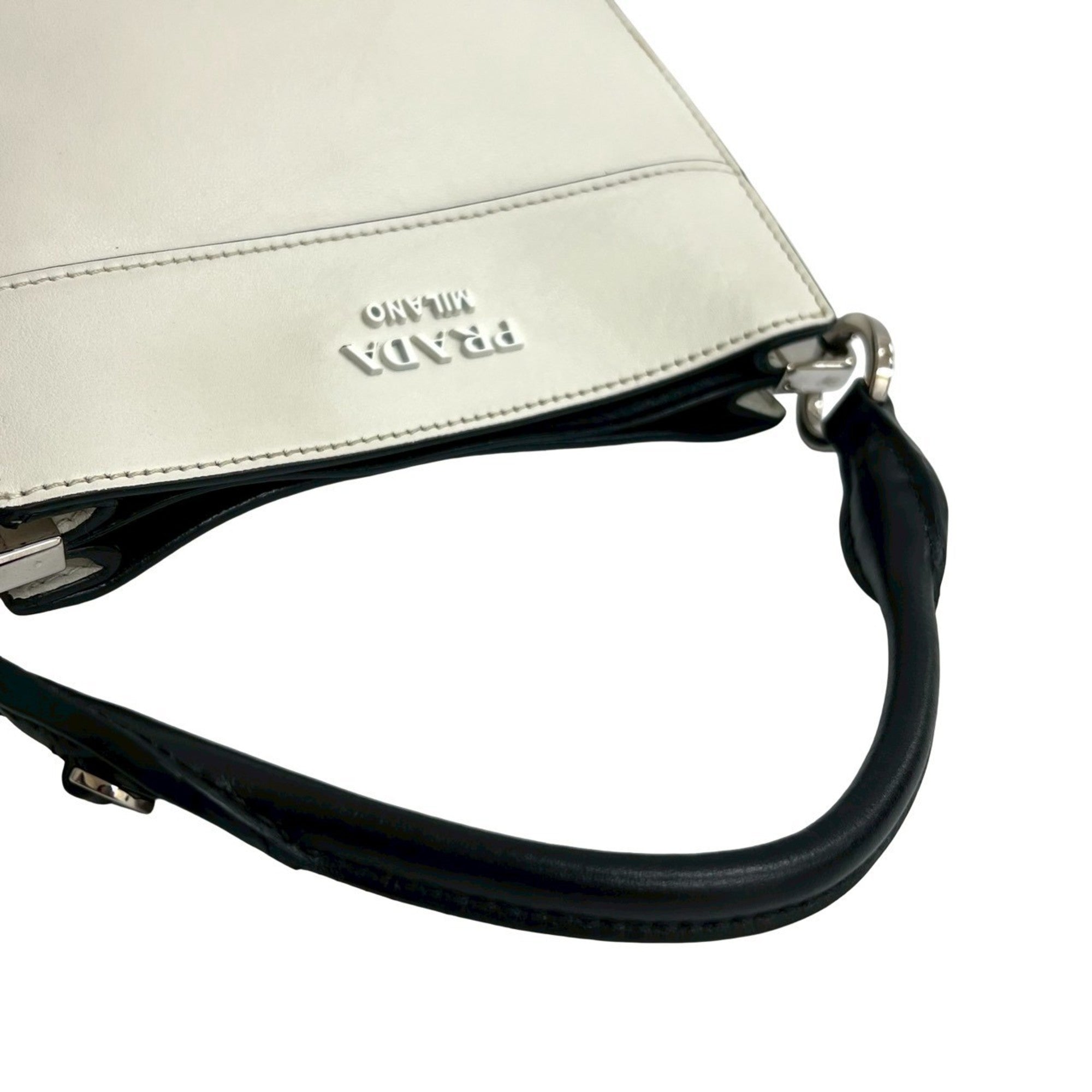 Prada Black White Leather Handbag Shoulder Bag Tote Bag