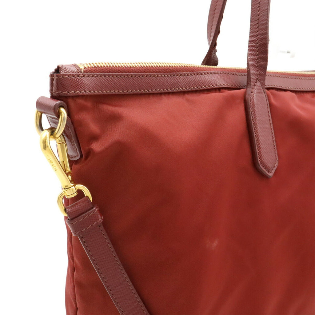Prada Red Color Wine Nylon Leather Shoulder Bag Tote Bag